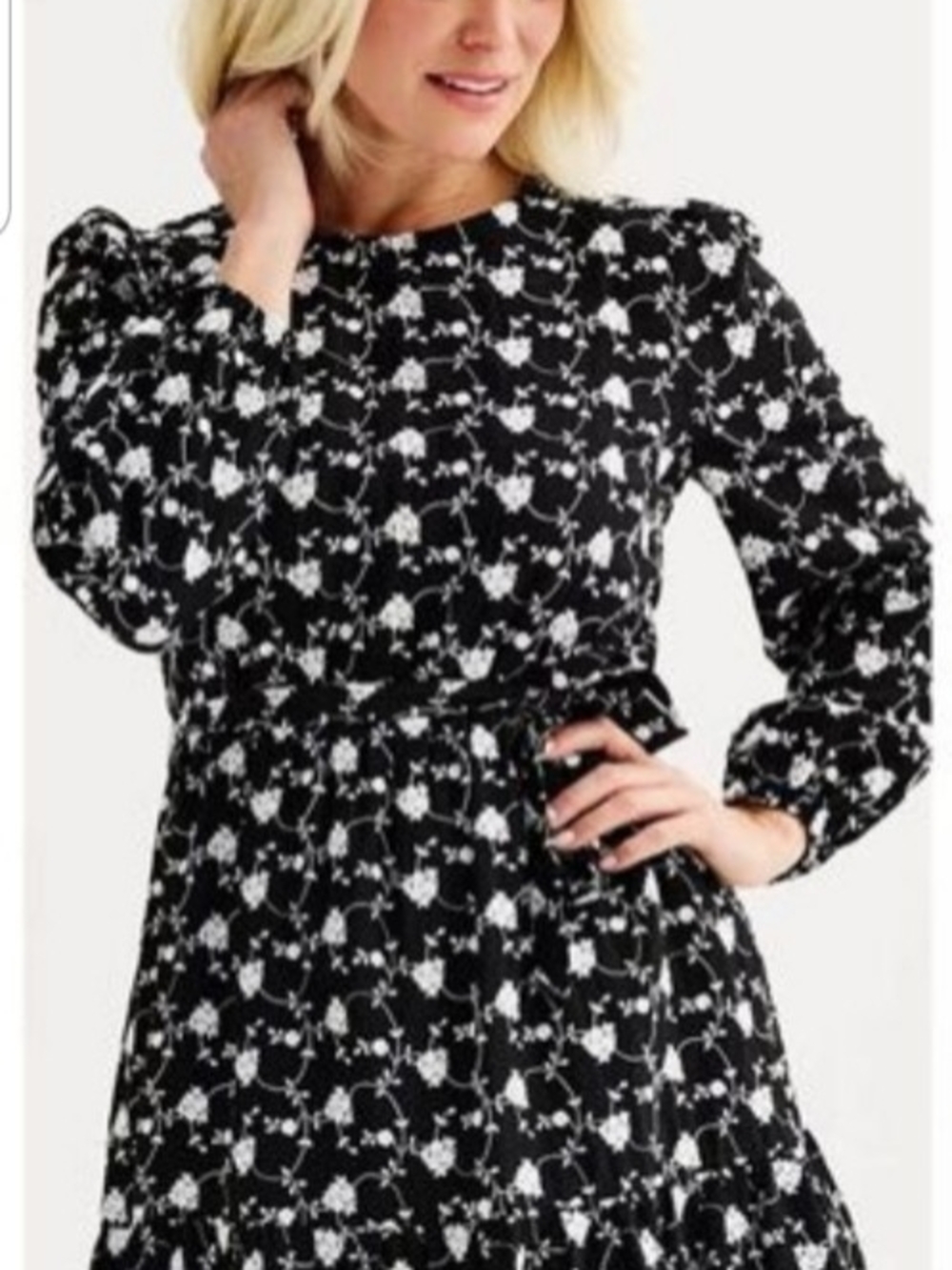 Draper James Black and White Floral Long-Sleeve Midi Dress